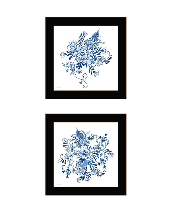 HomeRoots Set of Two Delph Floral Prints in Blue and White with Black Frames for Elegant Wall Décor 568486