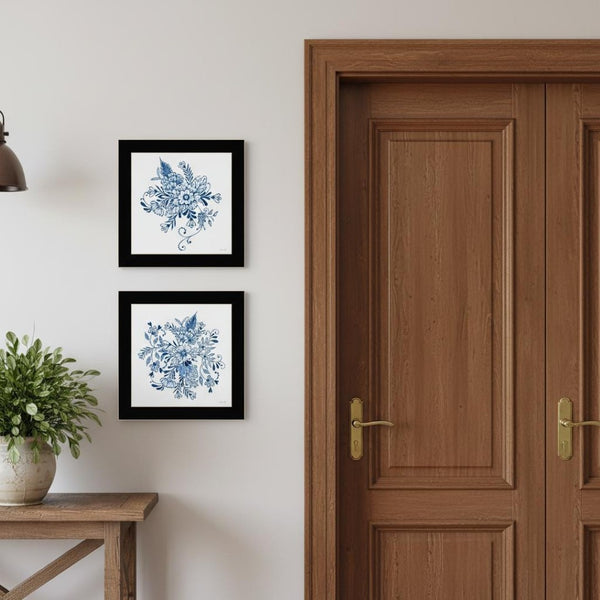 HomeRoots Set of Two Delph Floral Prints in Blue and White with Black Frames for Elegant Wall Décor 568486
