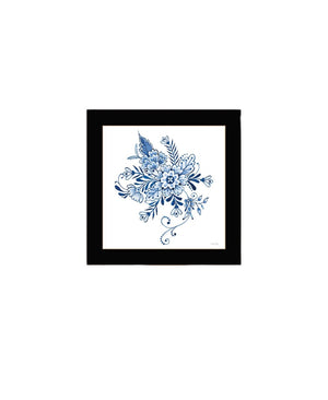 HomeRoots Set of Two Delph Floral Prints in Blue and White with Black Frames for Elegant Wall Décor 568486