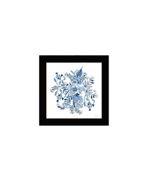 HomeRoots Set of Two Delph Floral Prints in Blue and White with Black Frames for Elegant Wall Décor 568486