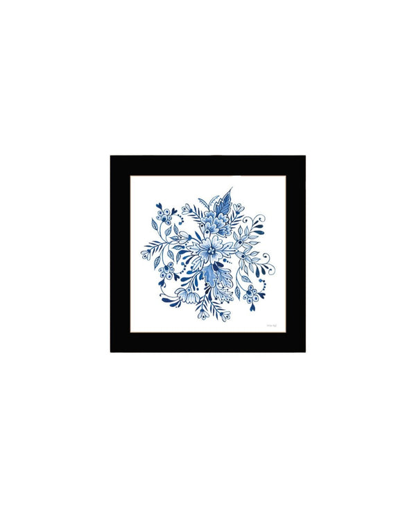 HomeRoots Set of Two Delph Floral Prints in Blue and White with Black Frames for Elegant Wall Décor 568486