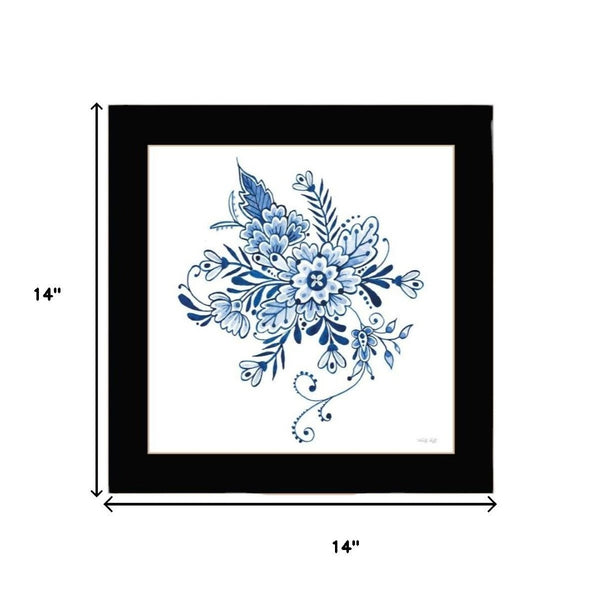 HomeRoots Set of Two Delph Floral Prints in Blue and White with Black Frames for Elegant Wall Décor 568486