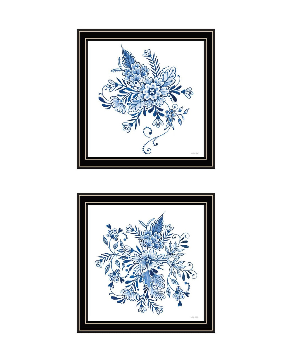 HomeRoots Set of Two Elegant Blue and White Floral Prints in Black Frames - Timeless Wall Art Décor for Any Room 568487
