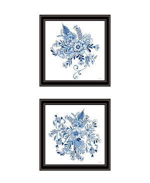 HomeRoots Set of Two Elegant Blue and White Floral Prints in Black Frames - Timeless Wall Art Décor for Any Room 568487