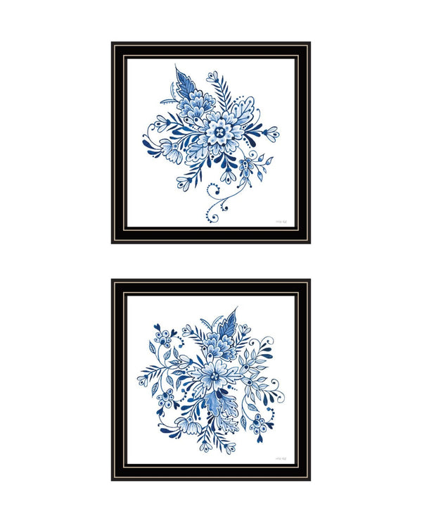 HomeRoots Set of Two Elegant Blue and White Floral Prints in Black Frames - Timeless Wall Art Décor for Any Room 568487