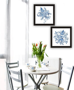 HomeRoots Set of Two Elegant Blue and White Floral Prints in Black Frames - Timeless Wall Art Décor for Any Room 568487