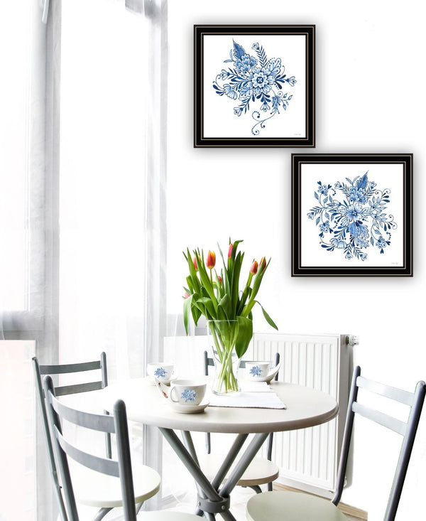 HomeRoots Set of Two Elegant Blue and White Floral Prints in Black Frames - Timeless Wall Art Décor for Any Room 568487