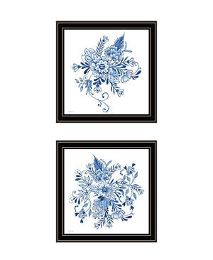 HomeRoots Set of Two Elegant Blue and White Floral Prints in Black Frames - Timeless Wall Art Décor for Any Room 568487