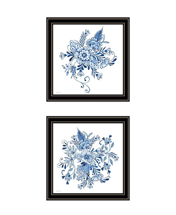 HomeRoots Set of Two Elegant Blue and White Floral Prints in Black Frames - Timeless Wall Art Décor for Any Room 568487