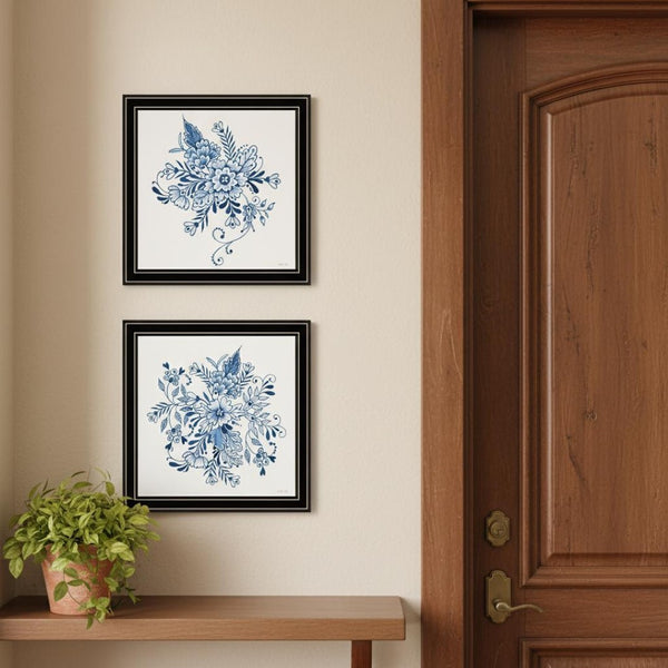 HomeRoots Set of Two Elegant Blue and White Floral Prints in Black Frames - Timeless Wall Art Décor for Any Room 568487