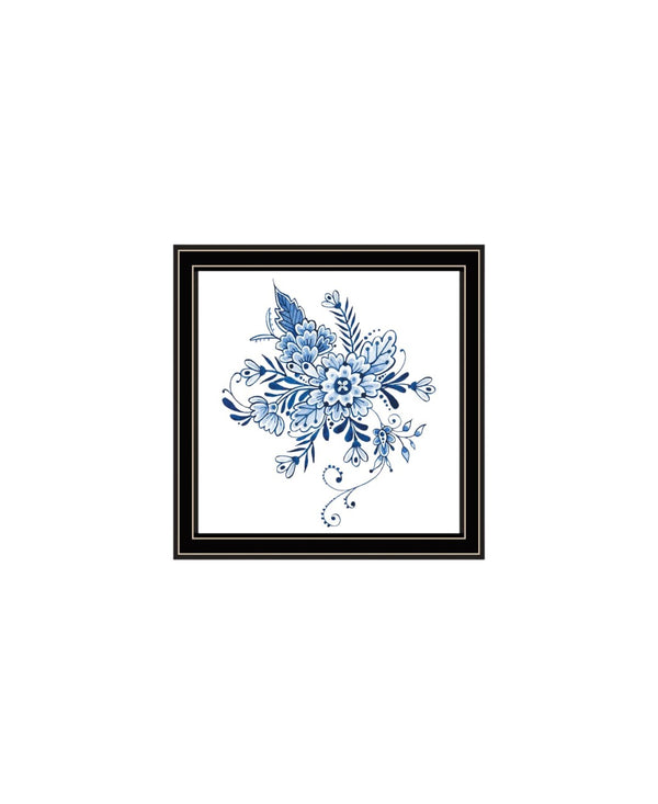HomeRoots Set of Two Elegant Blue and White Floral Prints in Black Frames - Timeless Wall Art Décor for Any Room 568487
