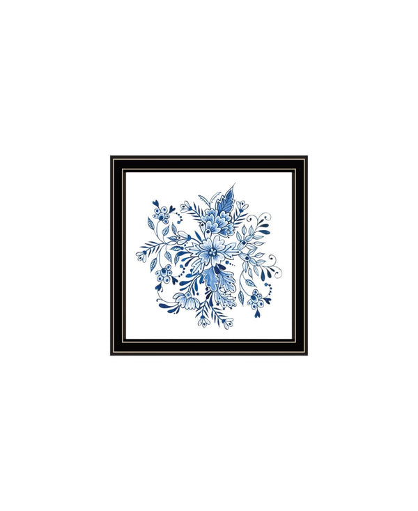HomeRoots Set of Two Elegant Blue and White Floral Prints in Black Frames - Timeless Wall Art Décor for Any Room 568487