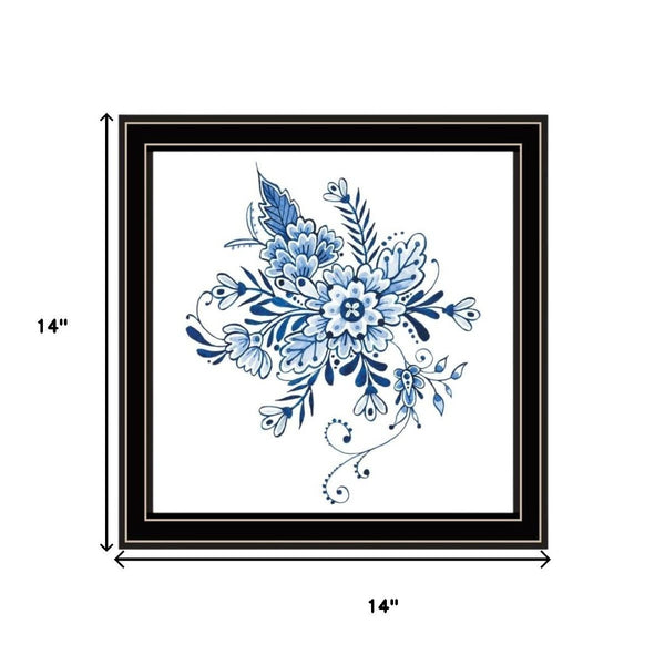 HomeRoots Set of Two Elegant Blue and White Floral Prints in Black Frames - Timeless Wall Art Décor for Any Room 568487