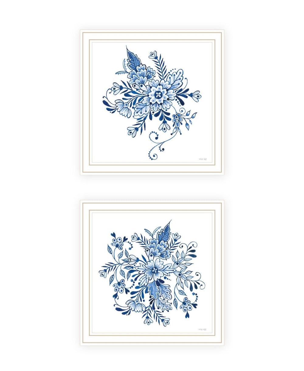 HomeRoots Set of Two Elegant Blue and White Floral Prints in White Frames - Perfect Coastal Wall Art Decor 568488