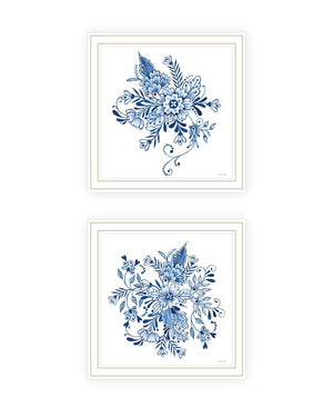 HomeRoots Set of Two Elegant Blue and White Floral Prints in White Frames - Perfect Coastal Wall Art Decor 568488
