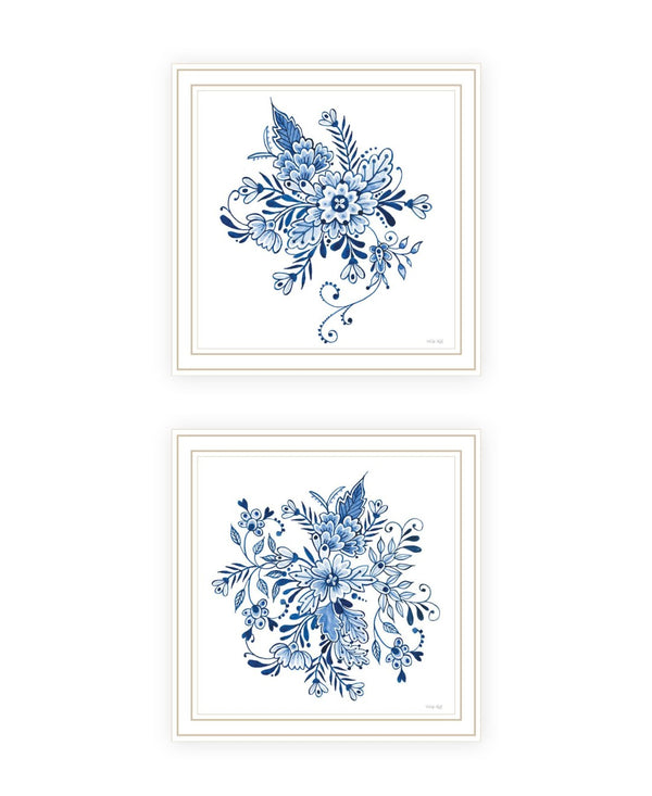 HomeRoots Set of Two Elegant Blue and White Floral Prints in White Frames - Perfect Coastal Wall Art Decor 568488