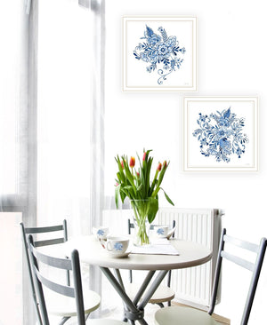 HomeRoots Set of Two Elegant Blue and White Floral Prints in White Frames - Perfect Coastal Wall Art Decor 568488