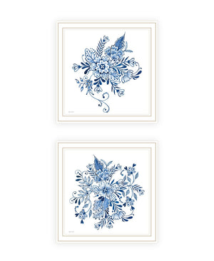 HomeRoots Set of Two Elegant Blue and White Floral Prints in White Frames - Perfect Coastal Wall Art Decor 568488