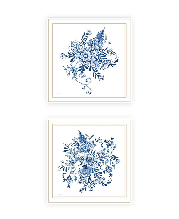 HomeRoots Set of Two Elegant Blue and White Floral Prints in White Frames - Perfect Coastal Wall Art Decor 568488