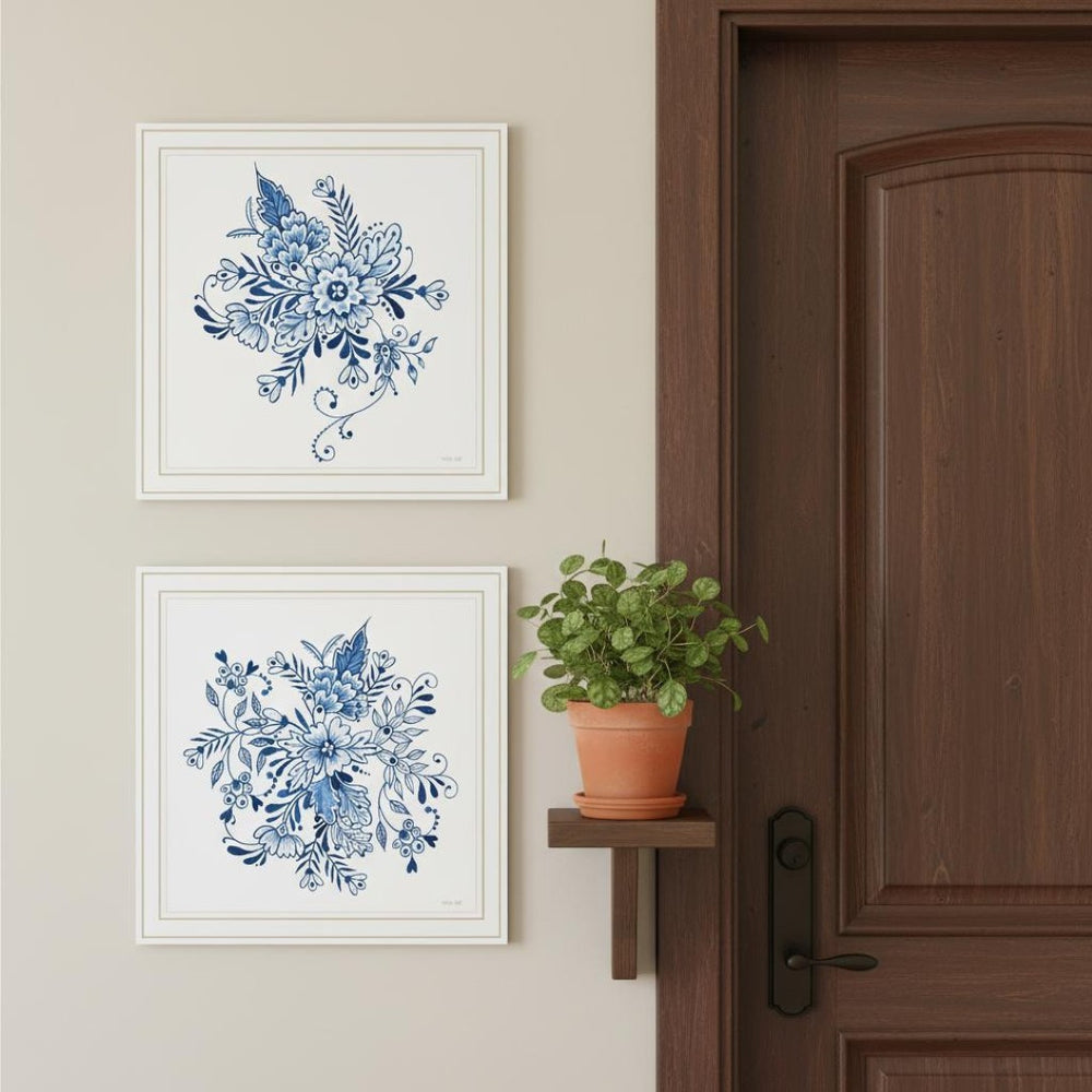 HomeRoots Set of Two Elegant Blue and White Floral Prints in White Frames - Perfect Coastal Wall Art Decor 568488