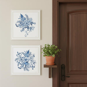 HomeRoots Set of Two Elegant Blue and White Floral Prints in White Frames - Perfect Coastal Wall Art Decor 568488