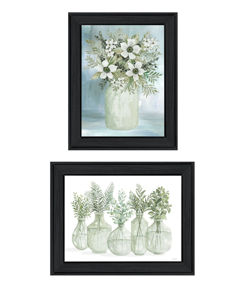 HomeRoots Set of Two Sage-Toned Abstract Wall Art Prints in Sleek Black Frames - Modern Home Decor Delight 568495