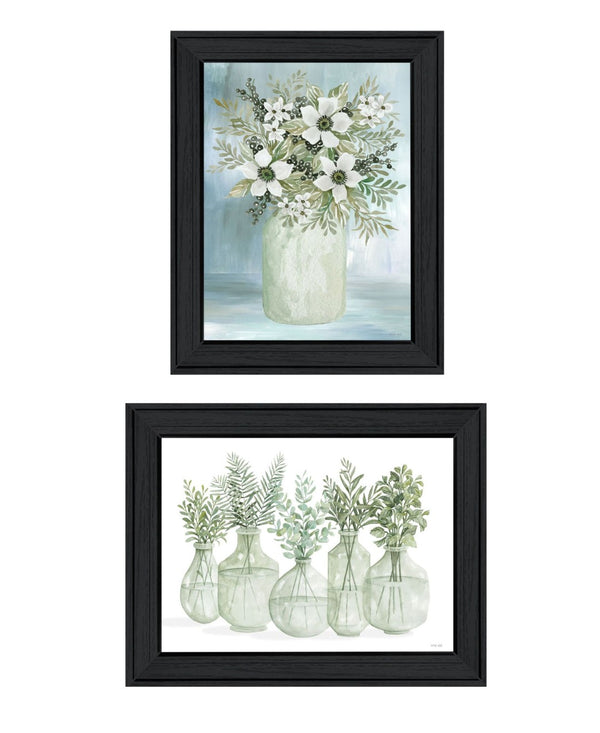 HomeRoots Set of Two Sage-Toned Abstract Wall Art Prints in Sleek Black Frames - Modern Home Decor Delight 568495
