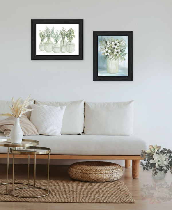 HomeRoots Set of Two Sage-Toned Abstract Wall Art Prints in Sleek Black Frames - Modern Home Decor Delight 568495