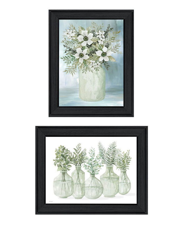 HomeRoots Set of Two Sage-Toned Abstract Wall Art Prints in Sleek Black Frames - Modern Home Decor Delight 568495
