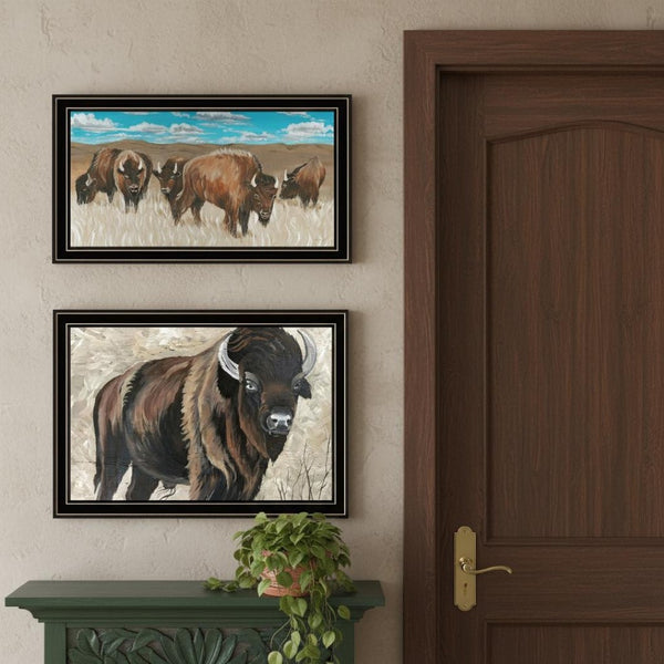 HomeRoots Set of Two "The Boss of the Bison Herd" Framed Wall Art - Rustic Charm for Modern Decor Spaces 568504