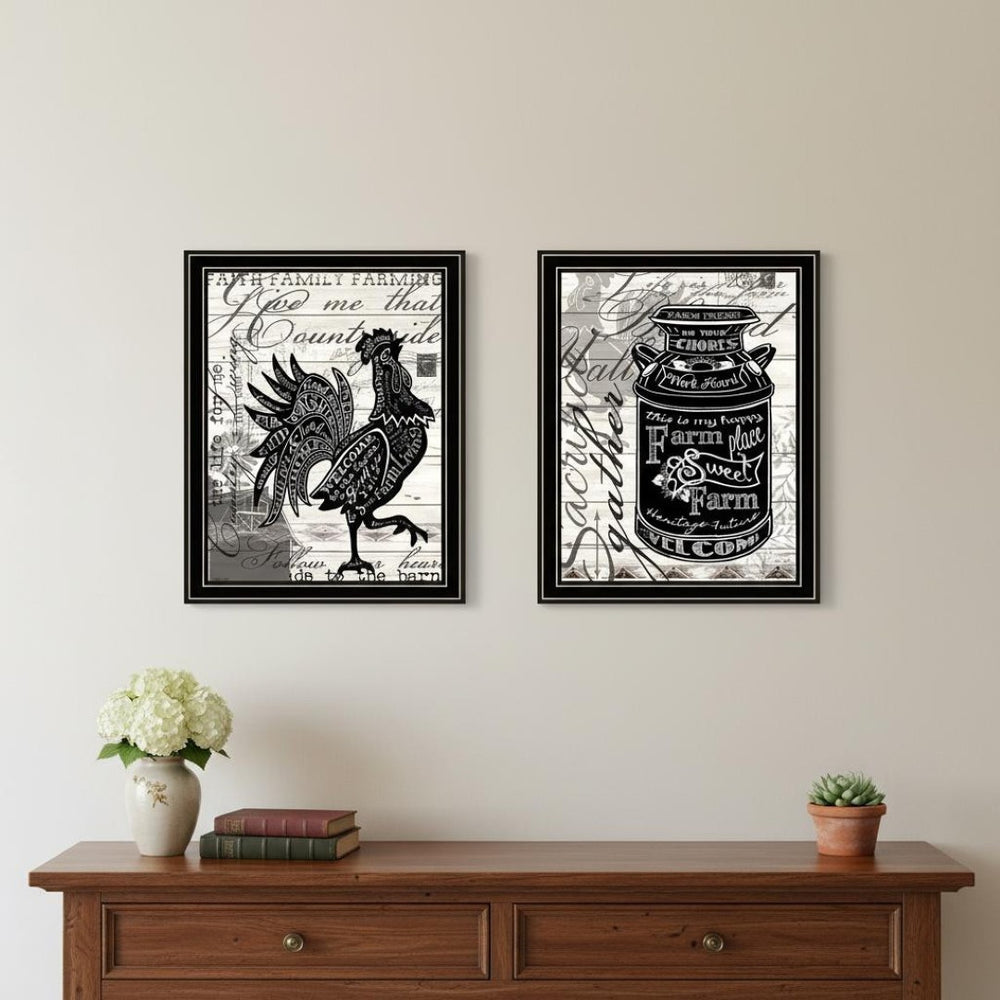 HomeRoots Set of Two Striking Rooster Prints in Black Frames – Playful Wall Art for Farmhouse Charm! 568508