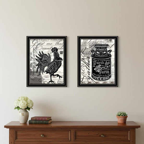 HomeRoots Set of Two Striking Rooster Prints in Black Frames – Playful Wall Art for Farmhouse Charm! 568508
