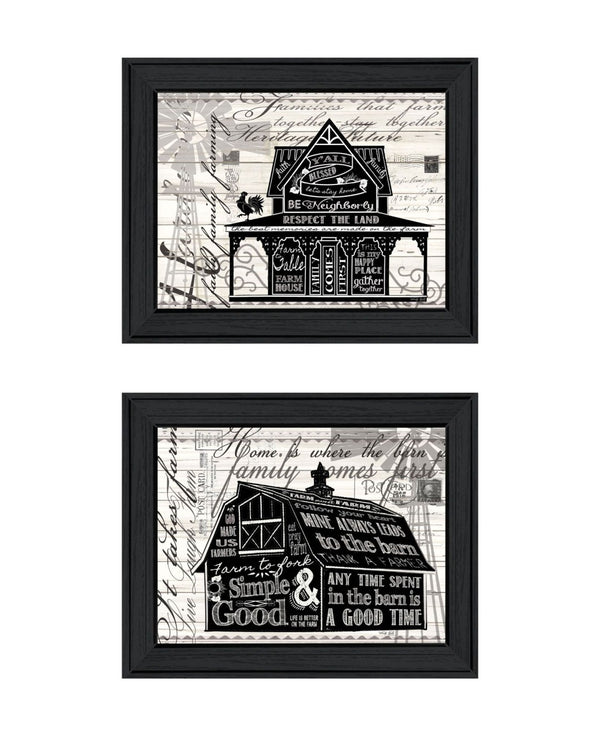 HomeRoots Set of Two Whimsical "Try Reading This House and Barn!" Black Framed Prints for Wall Decor 568511
