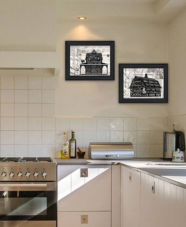 HomeRoots Set of Two Whimsical "Try Reading This House and Barn!" Black Framed Prints for Wall Decor 568511