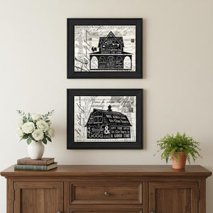 HomeRoots Set of Two Whimsical "Try Reading This House and Barn!" Black Framed Prints for Wall Decor 568511