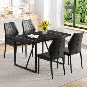 English Elm Black Faux Wood Grain Rectangular Dining Set with Shell Pattern Upholstered Chairs Black W1151S04368