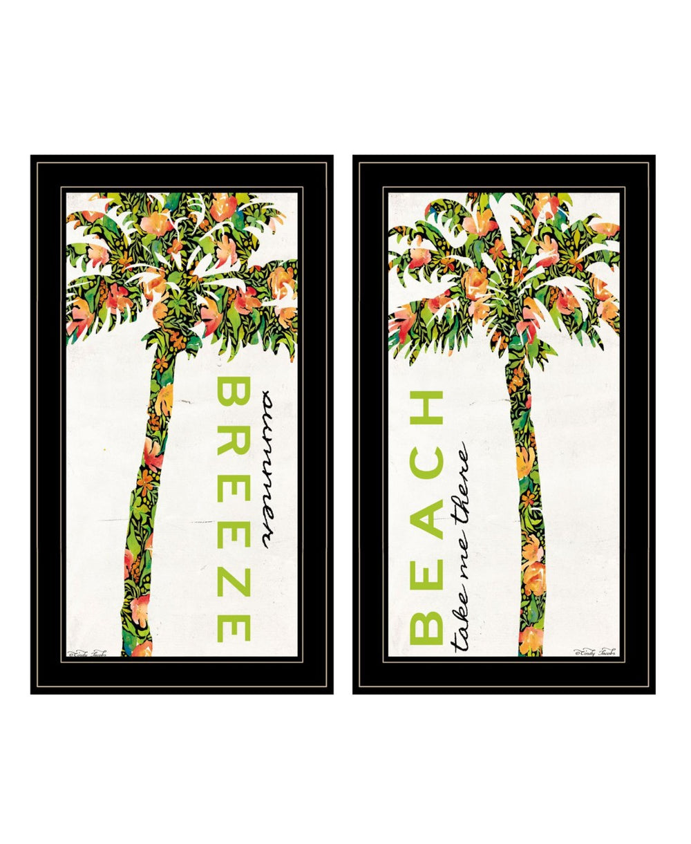 HomeRoots Set of Two "Summer Breeze" Funky Palm Trees Wall Art - Black Framed Tropical Prints for Home Décor 568517