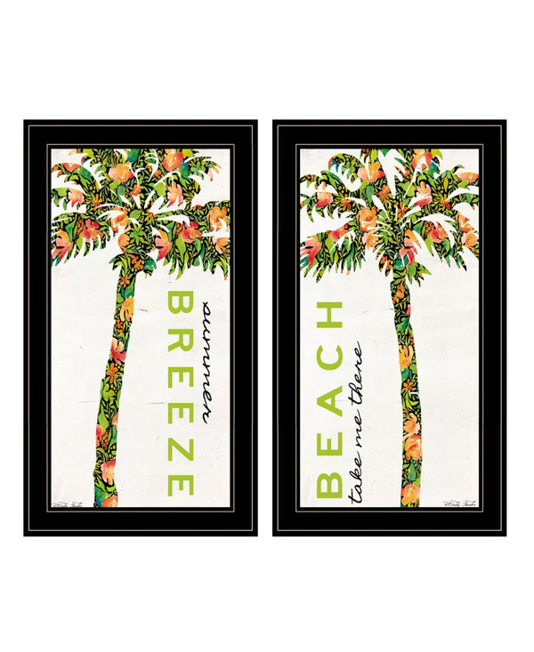HomeRoots Set of Two "Summer Breeze" Funky Palm Trees Wall Art - Black Framed Tropical Prints for Home Décor 568517