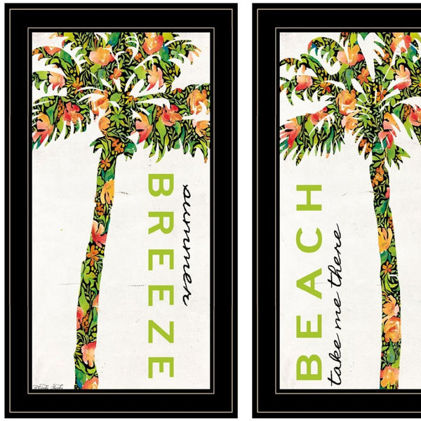HomeRoots Set of Two "Summer Breeze" Funky Palm Trees Wall Art - Black Framed Tropical Prints for Home Décor 568517