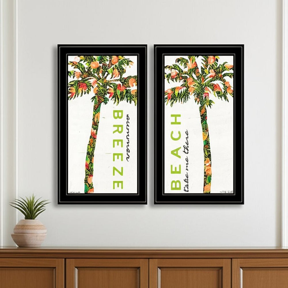 HomeRoots Set of Two "Summer Breeze" Funky Palm Trees Wall Art - Black Framed Tropical Prints for Home Décor 568517