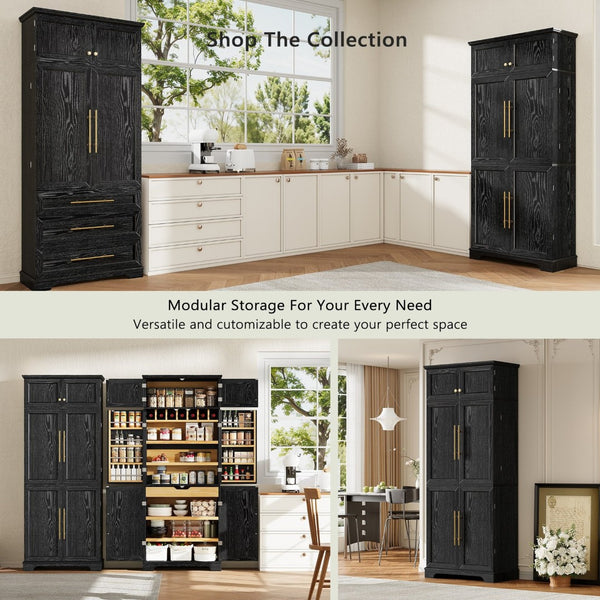 English Elm K&k Farmhouse Pantry Cabinet Tall Freestanding Kitchen Storage with Drawers Shelves Black N707P356567B