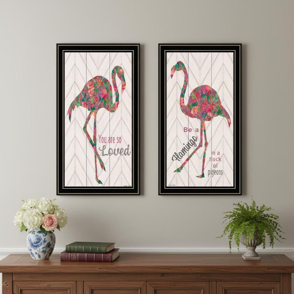 HomeRoots Set of Two Vibrant Flamingo Wall Art Prints in Black Frames – Modern Matrix-Style Décor Piece 568521