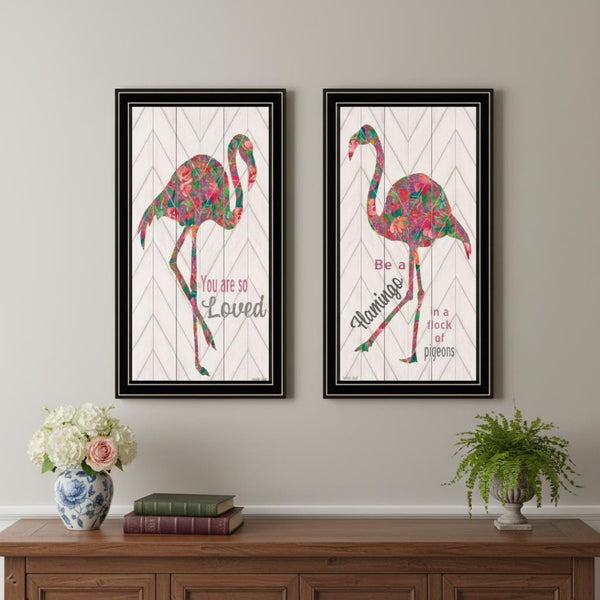 HomeRoots Set of Two Vibrant Flamingo Wall Art Prints in Black Frames – Modern Matrix-Style Décor Piece 568521