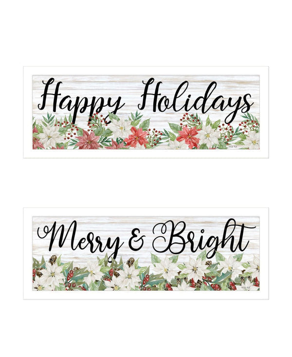 HomeRoots Set of Two Festive Merry and Bright Holiday Wall Art Prints in Sleek White Frames for Seasonal Charm 568522