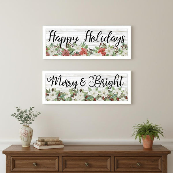 HomeRoots Set of Two Festive Merry and Bright Holiday Wall Art Prints in Sleek White Frames for Seasonal Charm 568522
