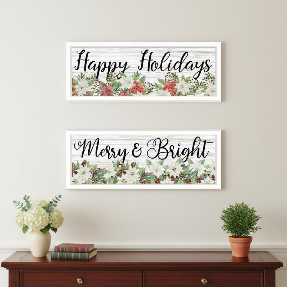 HomeRoots Set of Two Merry and Bright Holiday Wall Art Prints with White Frames for Festive Home Decor 568523