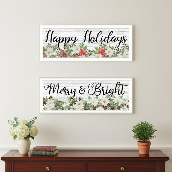 HomeRoots Set of Two Merry and Bright Holiday Wall Art Prints with White Frames for Festive Home Decor 568523