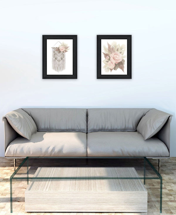 HomeRoots Set of Two Bohemian Macrame and Floral Framed Art Prints - Stylish Wall Decor for Any Room 568537