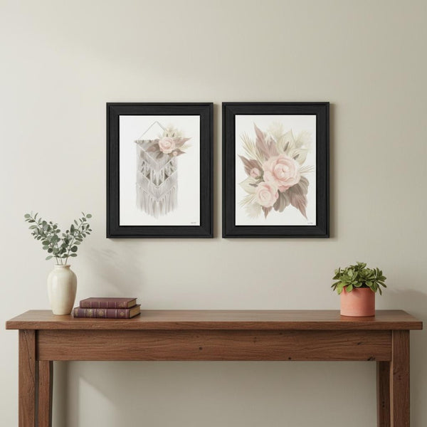 HomeRoots Set of Two Bohemian Macrame and Floral Framed Art Prints - Stylish Wall Decor for Any Room 568537