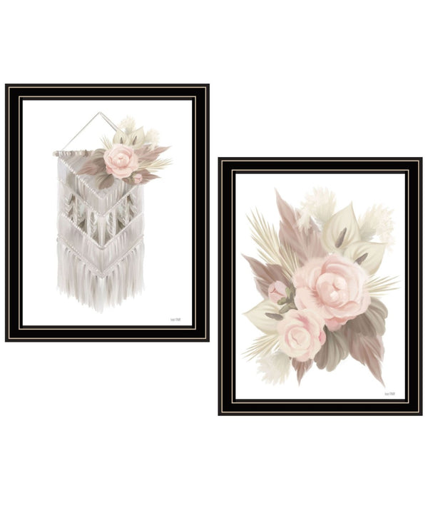 HomeRoots Set of Two Bohemian Macrame & Floral Art Prints in Black Frames for Stylish Home Décor Refresh 568538